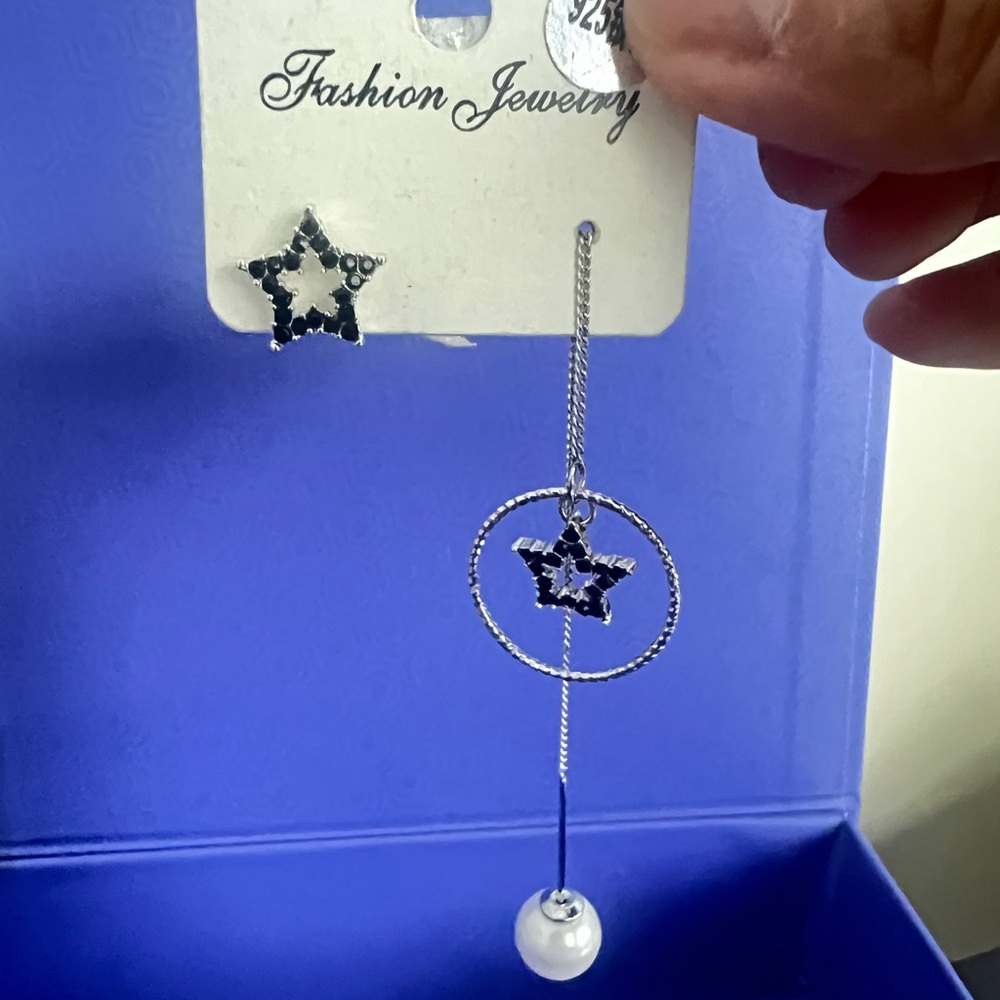 Star and Pearl Drop Earrings - Silver